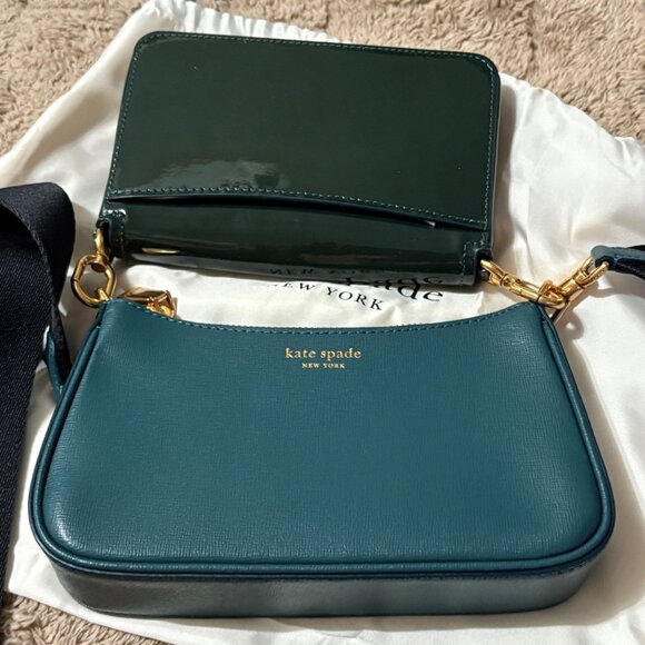 Kate Spade Double Up Patent Leather Crossbody Bag In Green & Teal Adj Strap - Picture 5 of 16